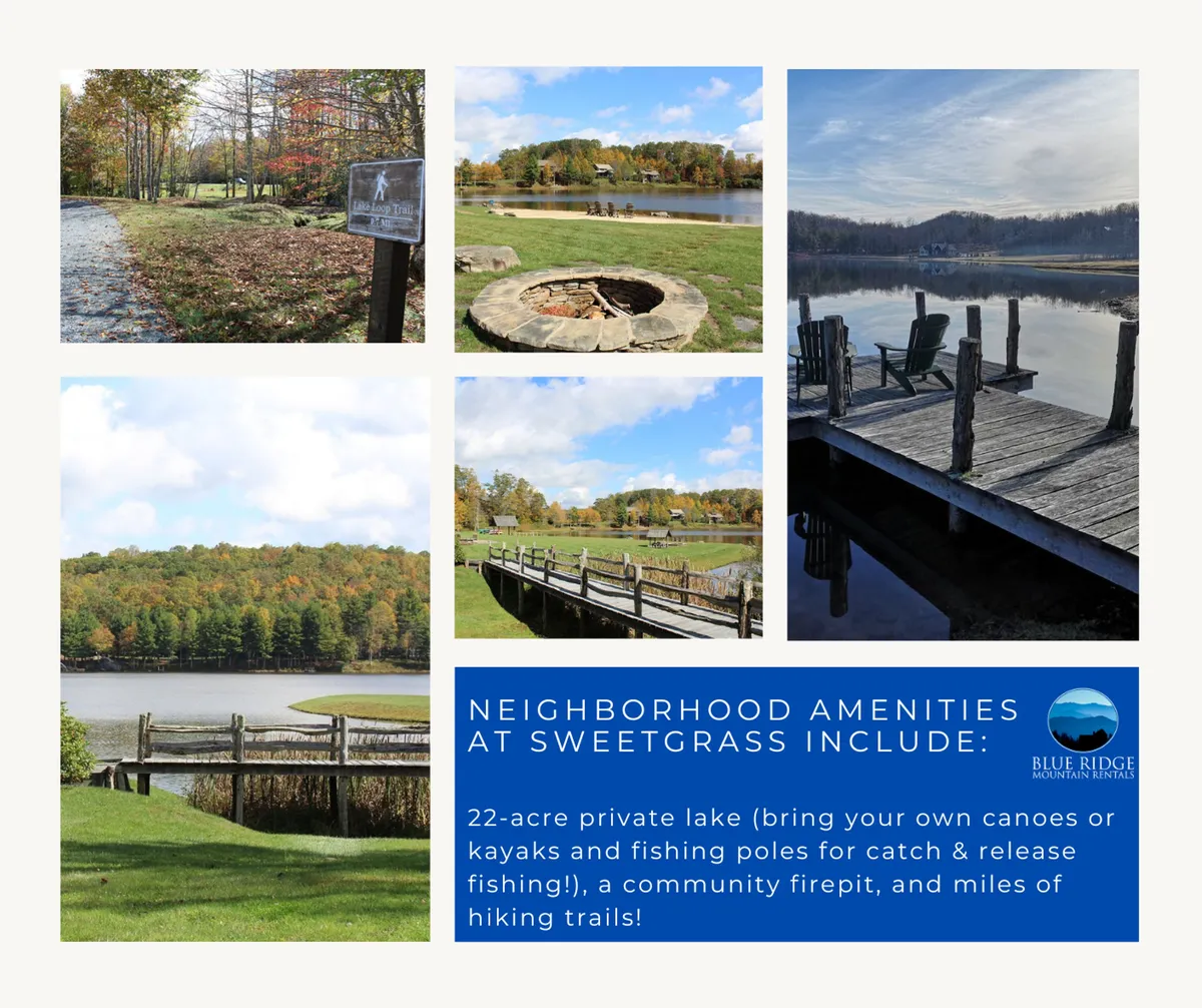 A vibrant exterior scene featuring a 22-acre private lake surrounded by autumn foliage, a wooden dock extending into the water, a community firepit, and hiking trails weaving through the landscape. The area looks welcoming for both families and pets, offering opportunities for kayaking, fishing, hiking, and gathering together by the fire.